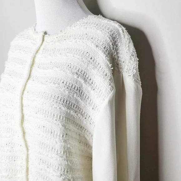 Amina Rubinacci White Button Down Knit Sequin Sweater With Crepe Sleeves… - Picture 3 of 7